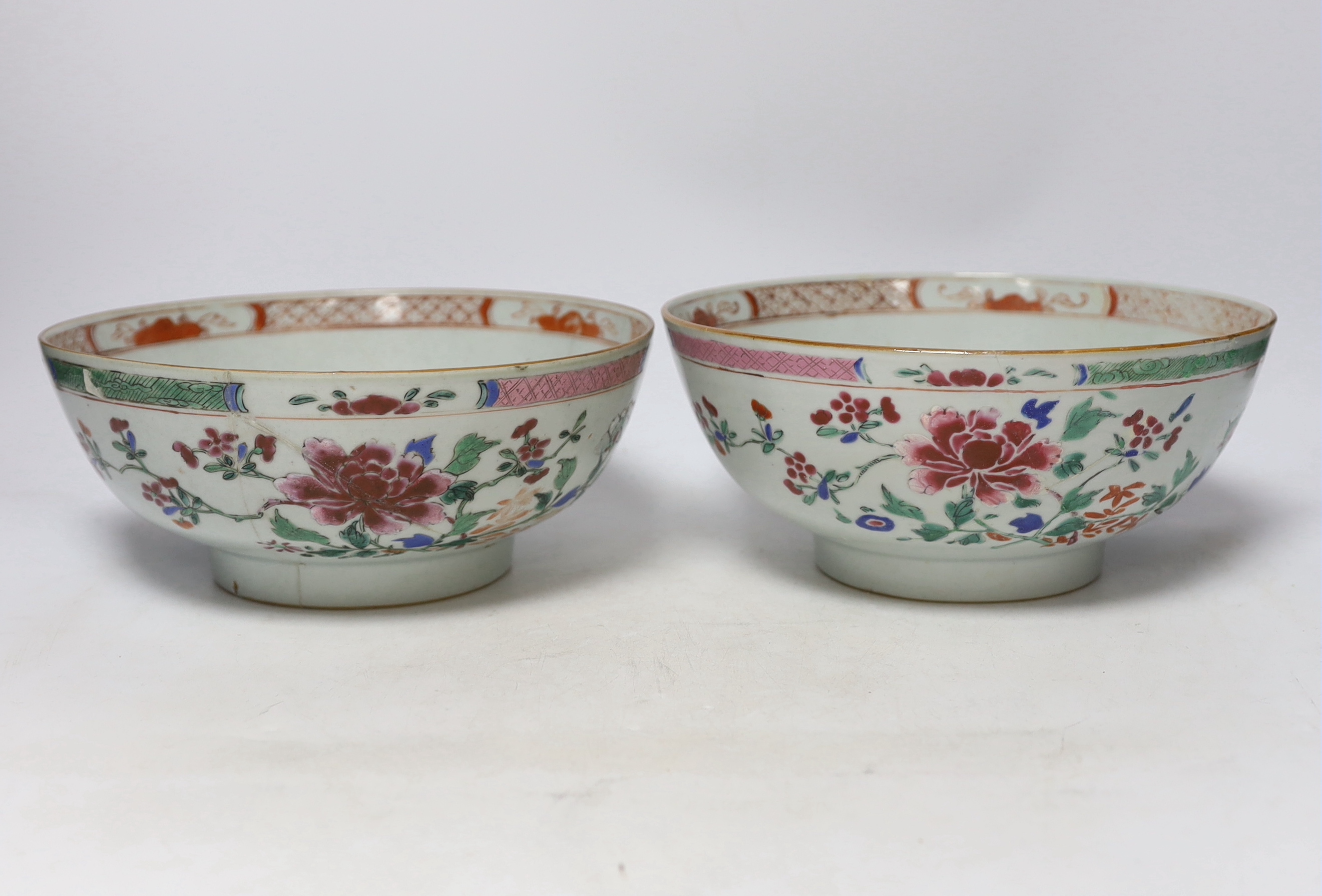 Two 18th century Chinese export famille rose bowls, 23.5cm diameter